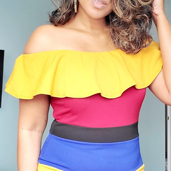 Multicolor Rainbow Stripe Off the Shoulder Dress - Picture 7 of 8